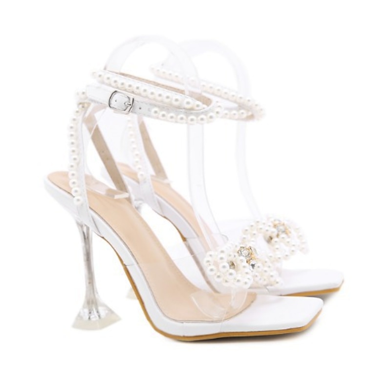 Women's Pearl-Embellished Clear High Heel Sandals – Elegant Open-Toe Design with Rhinestone Bow for Weddings and Special Occasions3