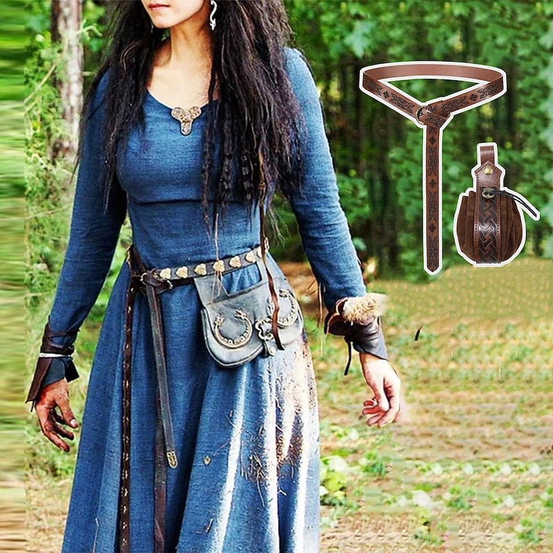 Retro Vintage Medieval Renaissance Dress Cosplay Costume Waist Belt Viking Outlander Ranger Fancy Dress Women's Celtic Viking Halloween Carnival Masquerade Halloween LARP Ren Faire Adults' Dress Bag