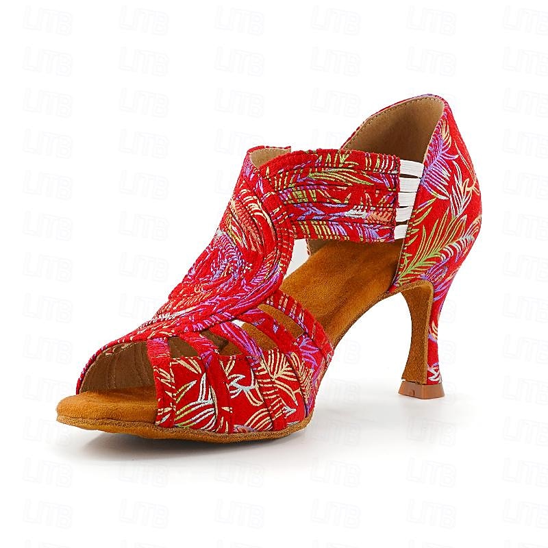 Women's Colorful Beaded Latin Dance Shoes, Floral Print High - Heel Salsa Sandals for Competition Performance3