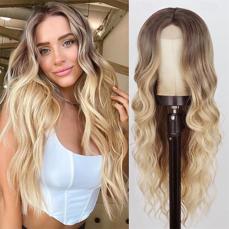 Long Wavy Wig Ombre blonde wig Middle Part Curly Wavy Hair for Women 24 Inch Long Blonde Wig Natural Looking Heat Resistant Hair for Girls Daily Party Use