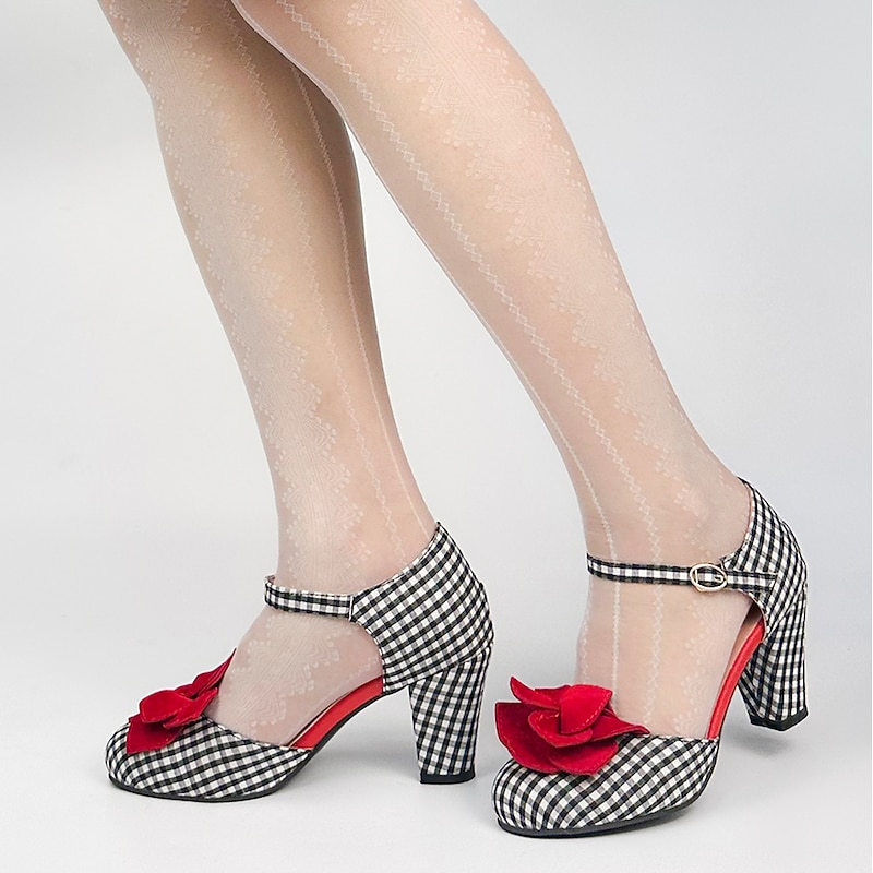 Women's Vintage Gingham Checkered Mary Jane Heels with Red Flower Embellishments – Retro Style Party Shoes4