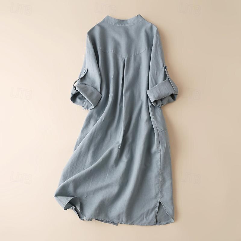 Shirt Cotton Linen Shirts Linen Shirt Button Up Women's White Blue Solid Color Buttons Long Street Daily Fashion Round Neck Cotton Linen Regular Fit M2