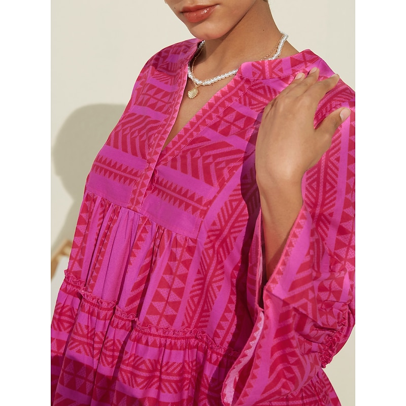 Women's Casual Dress Summer Dress Pink Dress Pink 3/4-Length Sleeve Geometic Striped Pattern 100% Cotton Ruffle Flounced Loose Spring & Summer Spring and Summer Boho Valentine's Day Simple fashion3