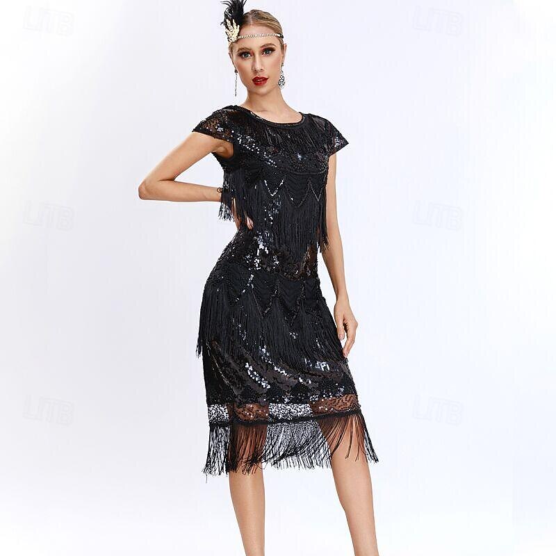 Retro Vintage Roaring 20s 1920s Midi Flapper Dress Dress The Great Gatsby Flapper Girl Wedding Guest Sequins Tassel Fringe Sequin Round Neck Fancy Dress Women's Performance Wedding Wedding Guest3