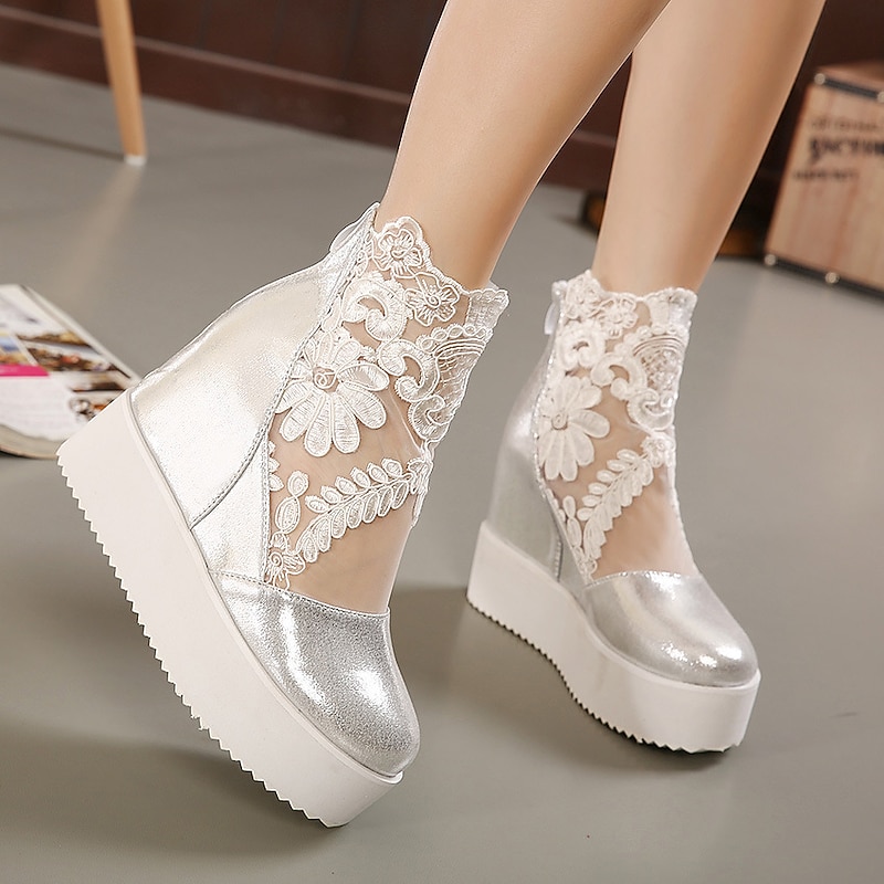 Women's White Platform Wedge Shoes with Lace Floral Embroidery – Stylish Bridal or Casual Party Footwear3