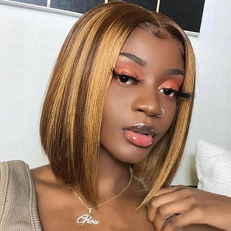 Highlight P4/27 Peruvian Remy Hair Short Bob Ombre Human Hair Wigs Blond Wig Straight Bob Wig 13*4*1 Lace Front Wigs For Women4