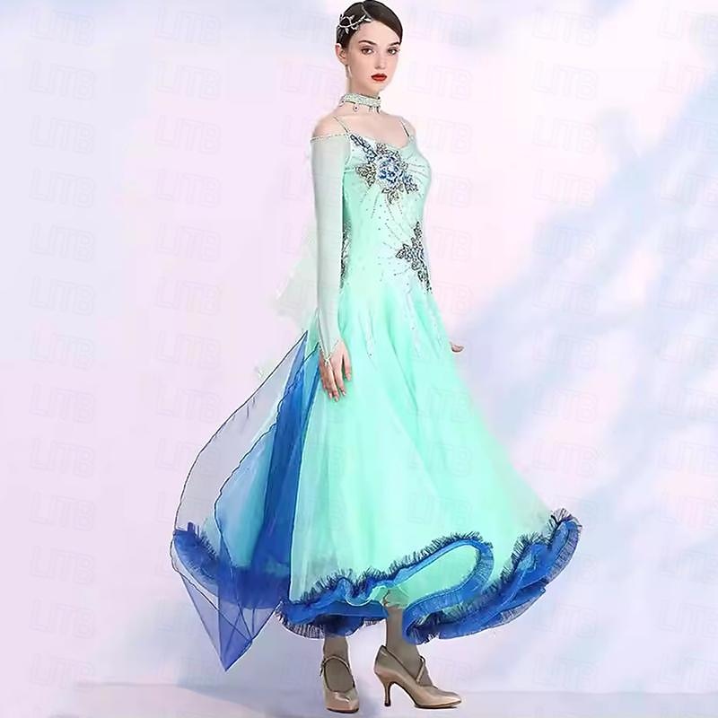 Ballroom Dance Dress Embroidery Splicing Crystals / Rhinestones Women's Performance Party Long Sleeve Mesh Spandex Organza3