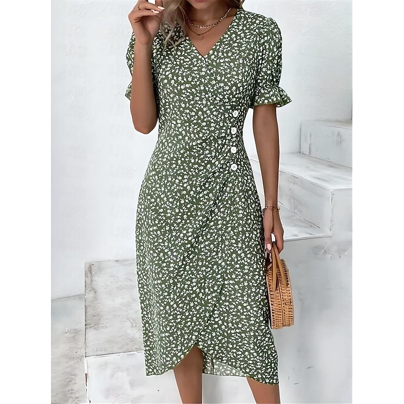 Women's Wrap Dress Floral Ditsy Floral Button Print V Neck Midi Dress Classic Daily Vacation Short Sleeve Summer Spring