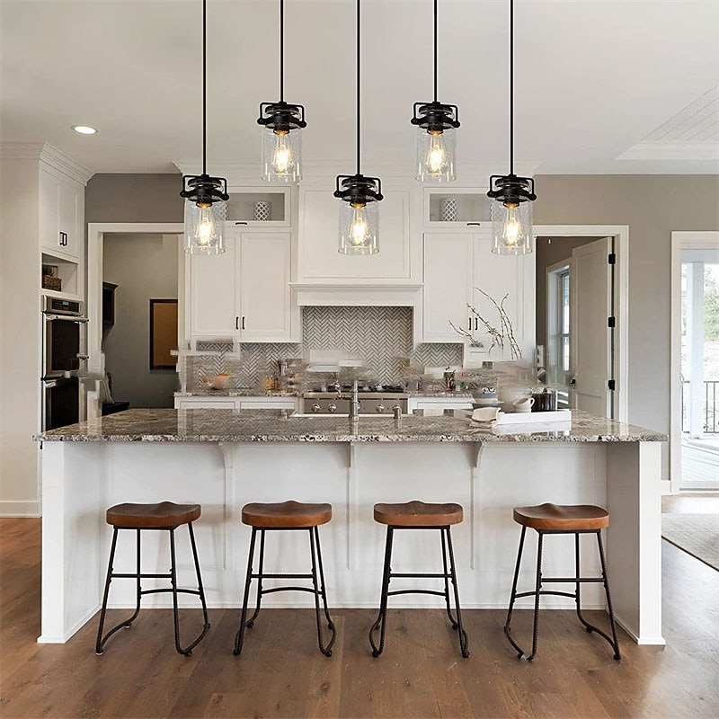 Pendant Lighting for Kitchen Island, 1/3/5-Light Dining Room Light Fixtures Hanging Linear Chandeliers, Farmhouse Chandeliers for Dining Room Pendant Light Fixtures Matte Black Finish with Glass Shades4