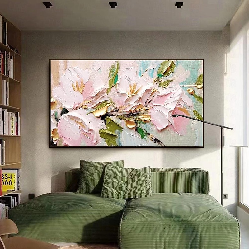 Hand painted 3D Flower Textured oil painting  Wall Art Abstrat Pink Gold Flowers Painting On Canvas Floral painting Wall Decor for Living Room Wall Art Spring Decor2