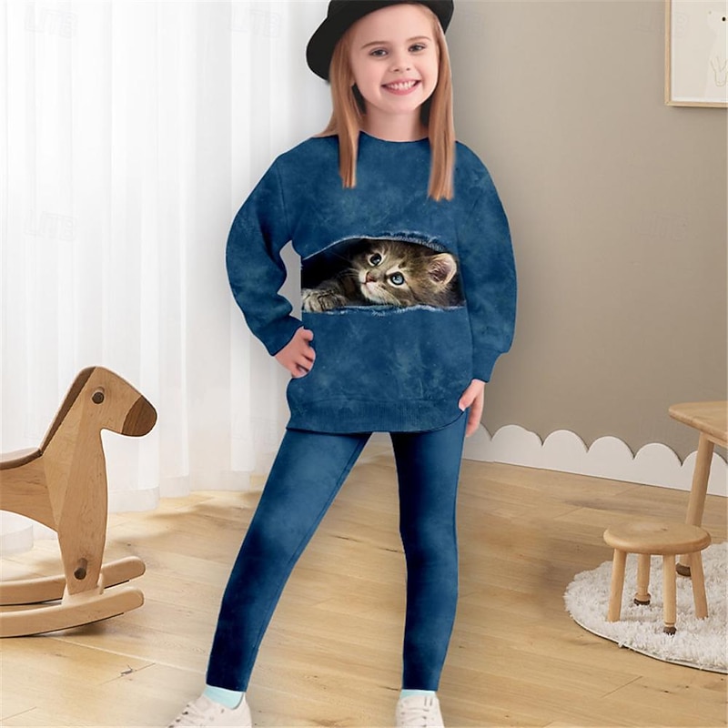 Girls' 3D Cat Sweatshirt & Legging Set Long Sleeve 3D Print Spring Fall Active Fashion Daily Kids 4 years+ Crew Neck Outdoor Vacation Date Regular Fit3
