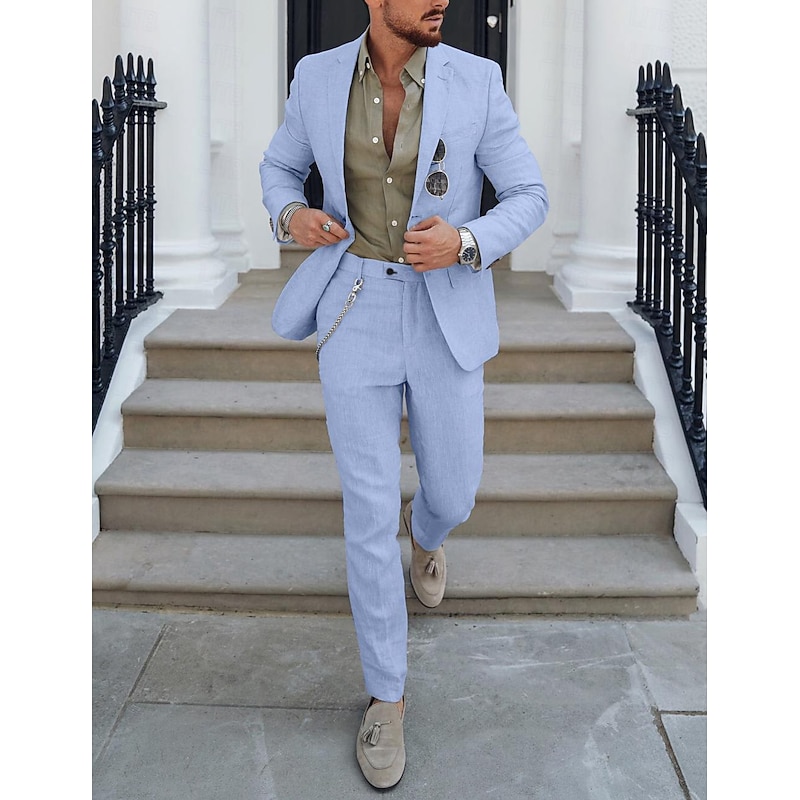 Men's Wedding Linen Linen Suits Notch Ivory Champagne Lightweight Casual Solid Colored Tailored Fit 2 Piece Single Breasted One-button4
