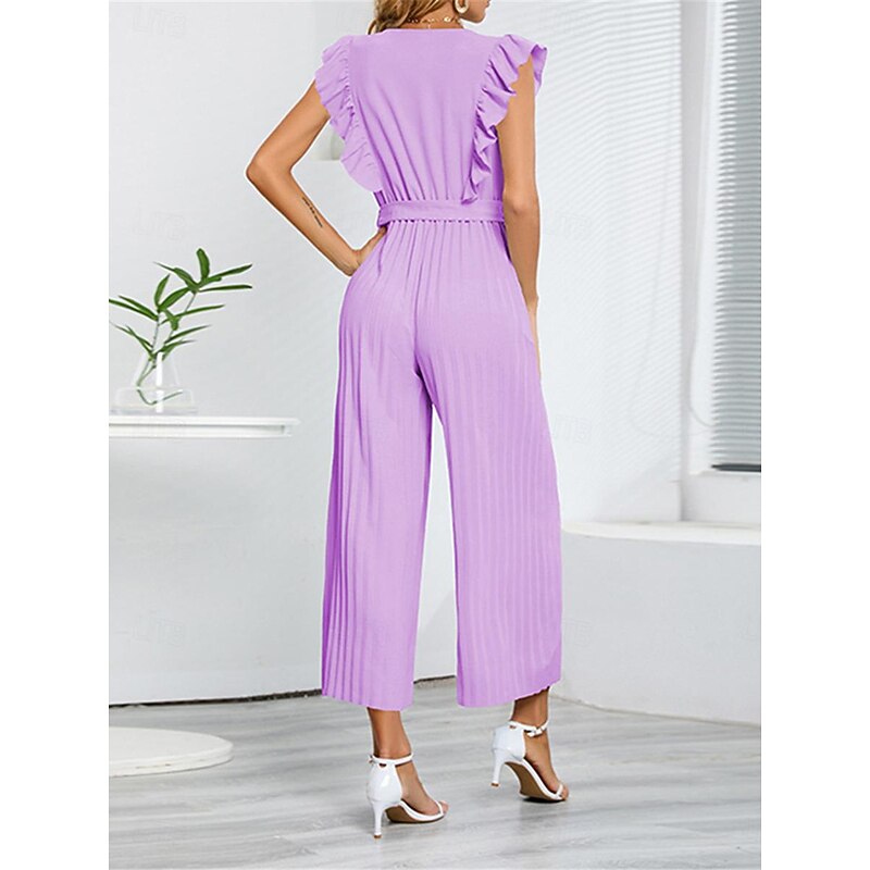 Women's Normal Jumpsuit Elegant Solid Color Sleeveless V Neck Ruffle High Waist Street Daily Regular Fit Black White Blue Summer3