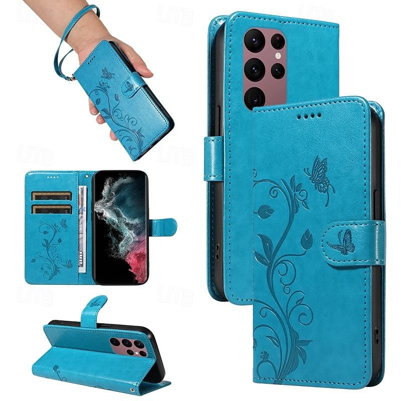Phone Case For Samsung Galaxy S25 S24 S23 S23 FE S22 S21 Ultra Plus A34 A54 A73 A53 Wallet Case Embossed Full Body Protective with Wrist Strap Tree Butterfly TPU PU Leather