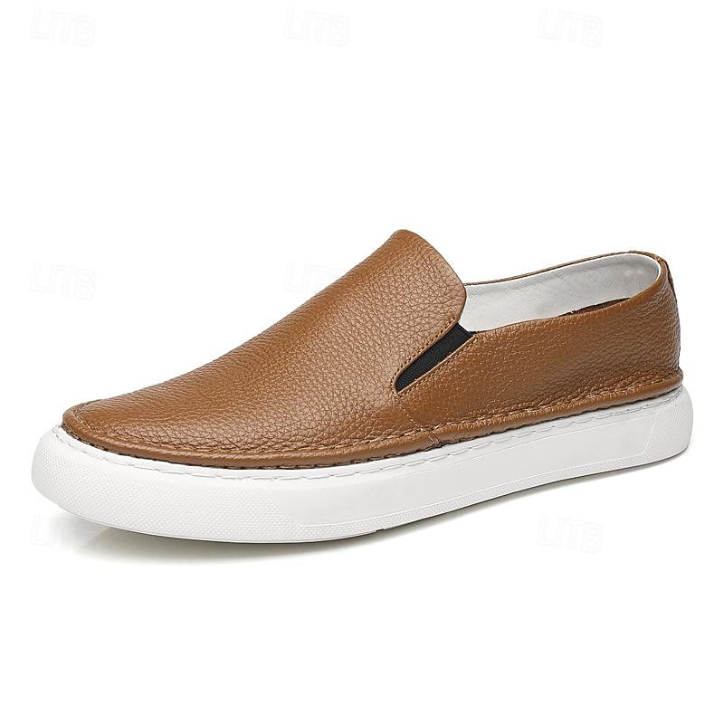 Men's Black Leather Slip-On Sneakers with Cushioned White Sole and Minimalist Design, Casual Loafers for Work, Travel and Everyday Wear4