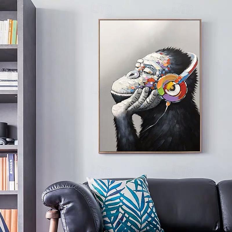 Mintura Handmade Abstract Animal Listen To Music Gorilla Oil Paintings On Canvas Wall Art Decoration Modern Picture For Home Decor Rolled Frameless Unstretched Painting4