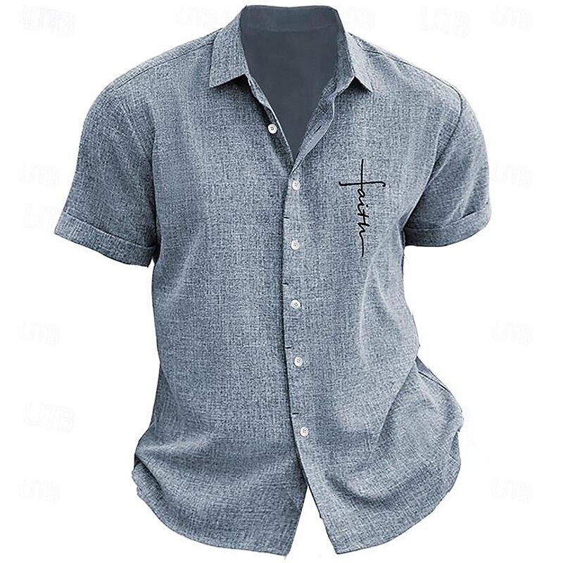 Men's Faith Button Up Shirt Printed Shirts Short Sleeve Business Casual Street Wear to work Going out Summer Turndown Print Button-Down Navy Blue Blue Purple Green Gray
