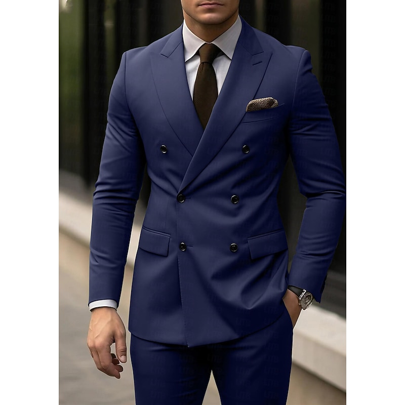 Men's Wedding Suits Peak Light Grey Dark Blue Business Formal Solid Colored Tailored Fit 2 Piece Double Breasted Six-buttons3