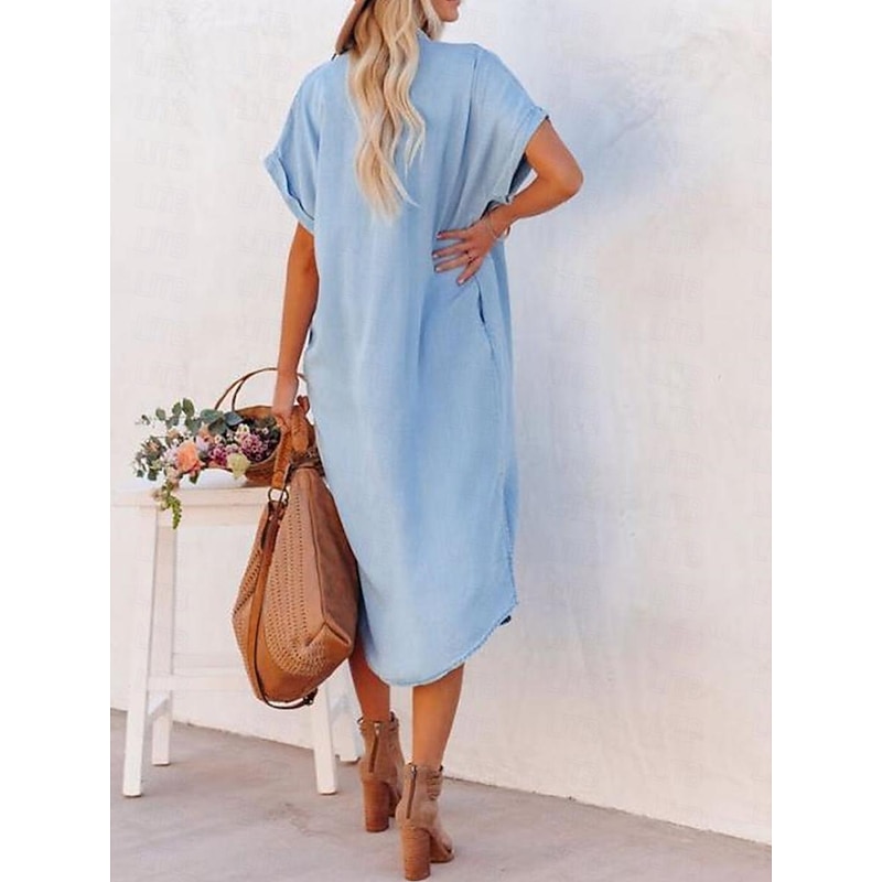 Women's Shirt Dress Midi Dress Denim Button Pocket Date Streetwear Shirt Collar Short Sleeve Blue Color2