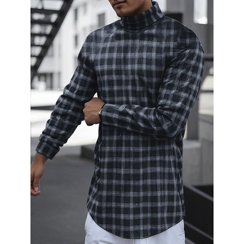 Men's T Shirt Turtleneck shirt Long Sleeve Shirt Long Sleeve Rolled collar Classic Collar Fall & Winter Plaid Houndstooth Lightweight Muscle Slim Fit Vacation Casual Holiday Black-White Black Yellow4