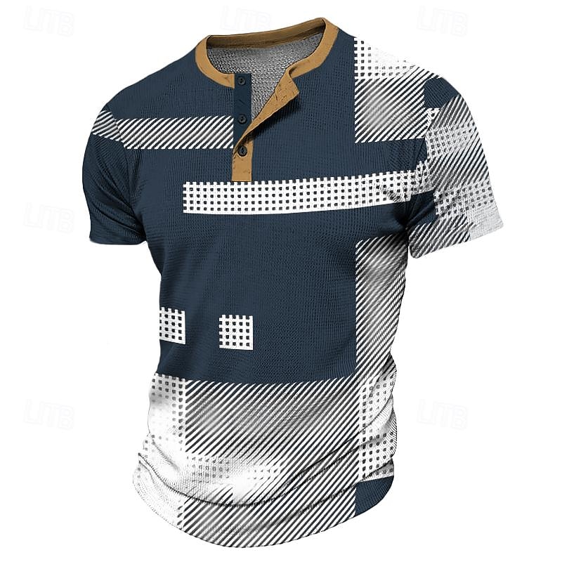 Geometry Men's Business Casual 3D Print Waffle Henley T Shirt Tee Casual Daily T shirt Black Blue Brown Short Sleeve Henley Shirt Spring & Summer Clothing Apparel S M L XL 2XL 3XL4
