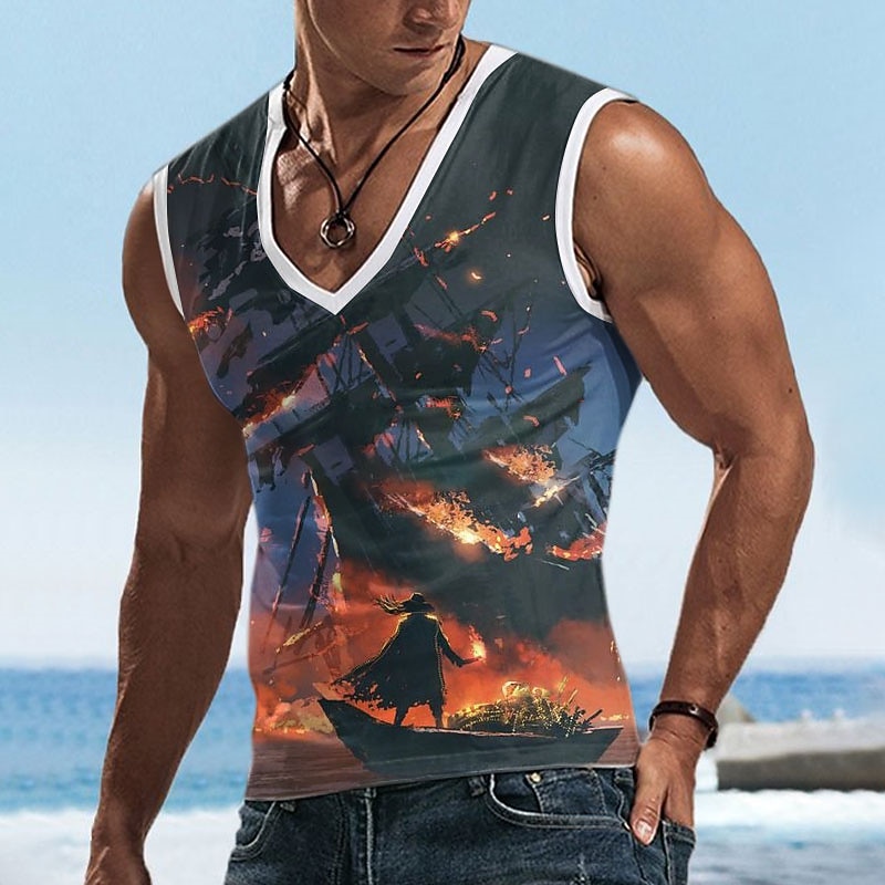 Men's Graphic Sailboat Tank Top Vest Top Sleeveless T Shirt for Men Sleeveless T shirt 3D Print V Neck Shirt Daily Designer Casual Sports Outdoor Holiday Gym Blue Sky Blue Orange Summer Clothing3