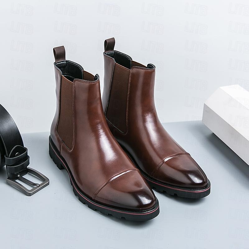 Men's Brown Faux Leather Chelsea Boots – Classic Round Toe Slip-On Ankle Boots with Comfortable Sole, Stylish Dress Shoes for Work, Business and Formal Events4