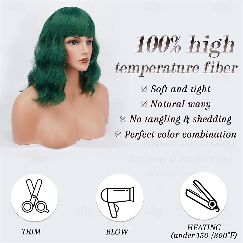 Short Wavy Bob Wig With Bangs 14'' Short Green Bob Wig Pastel Curly Wavy Synthetic Shoulder Length Cosplay Wigs With Free Wig Cap For Women Girls Daily Halloween Colorful Wig St.Patrick's Day Wigs3
