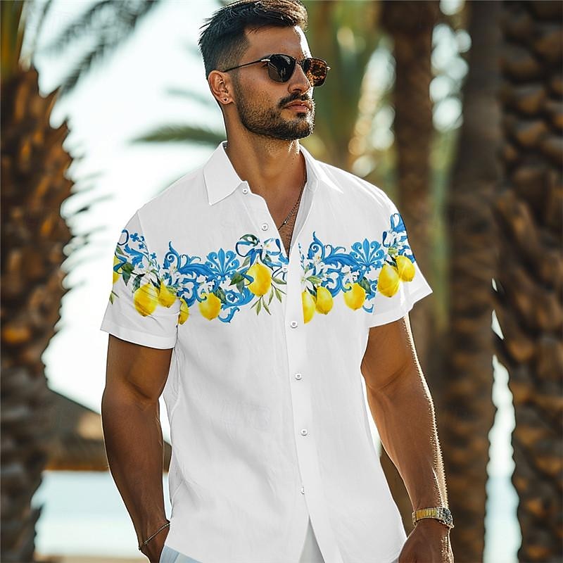 Men's Lemon Shirt Summer Hawaiian Shirt Aloha Shirt Short Sleeve Shirt Turndown Vacation Hawaiian Outdoor Vacation Hawaiian Yellow Blue Orange S M L