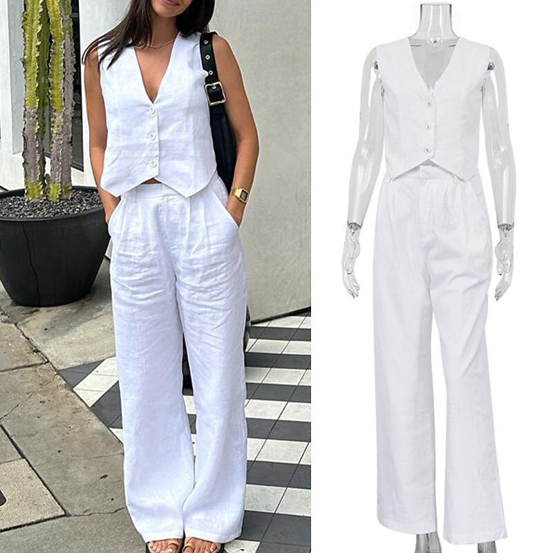 Set with Linen Vest Wide Leg Pants Trousers Women's Retro Vintage 1980s Outfits Casual Daily Spring Summer Beach Cozy3