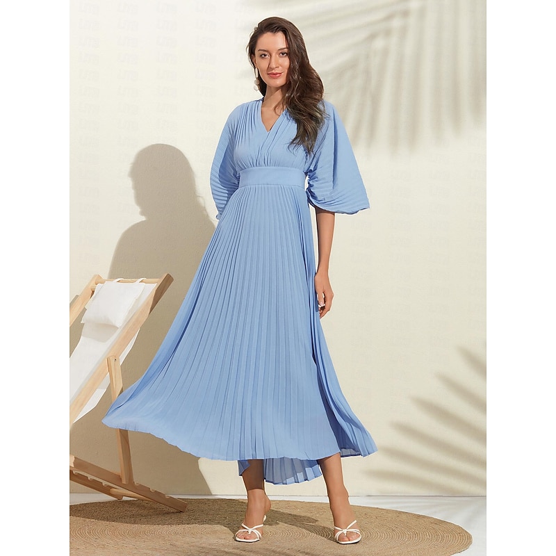 Women's Wedding Guest Dress Maxi Blue V-Neck Dolman Sleeve Pleated Chiffon2