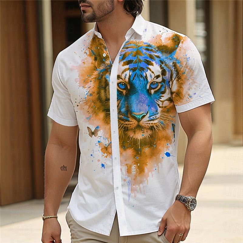 Men's Tiger Button Up Shirt Short Sleeve Vacation Hawaiian Resort Style Outdoor Casual Daily Summer All Seasons Button Up 3D Print Yellow Blue Green4