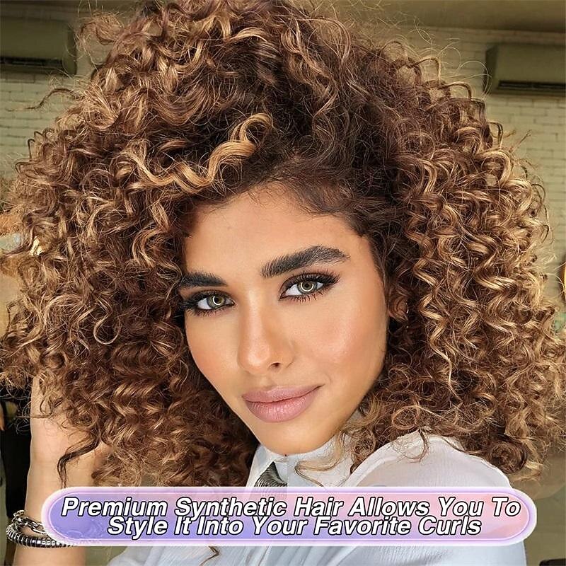 Curly Wigs for Black Women 14 Inches Soft Curly Afro Wigs With Bangs Premium Synthetic Brown Mixed Blonde Curly Wigs Curly Full Wig for Black Women Daily Use Halloween Wigs2