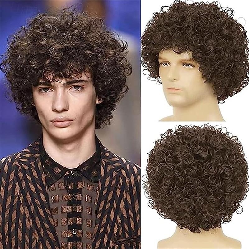 Dai Cloud Short Brown Curly Afro Wigs for Men Fluffy Rocker Synthetic Wigs for Cosplay Costume Wigs Halloween Wigs
