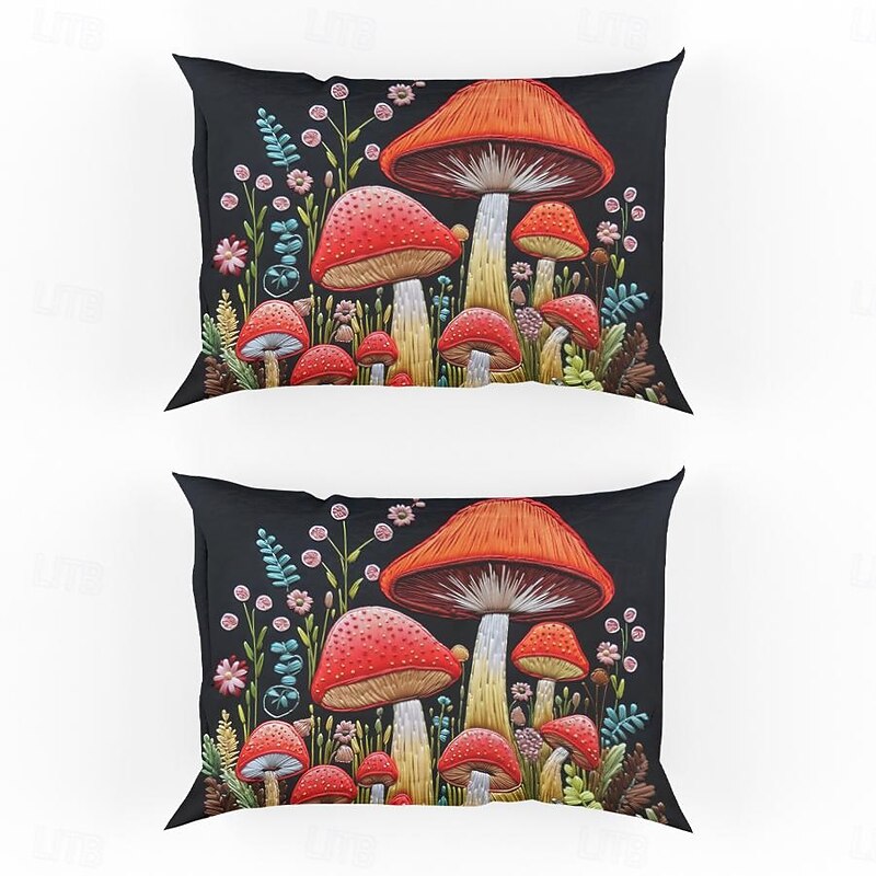 Pillowcases Set of 2 Queen Size Mushroom Pattern Duvet Cover Set Printed Pillow Cases Soft Breathable Cooling Pillowcase Decorative Pillow Cover (20x30 Inches)3