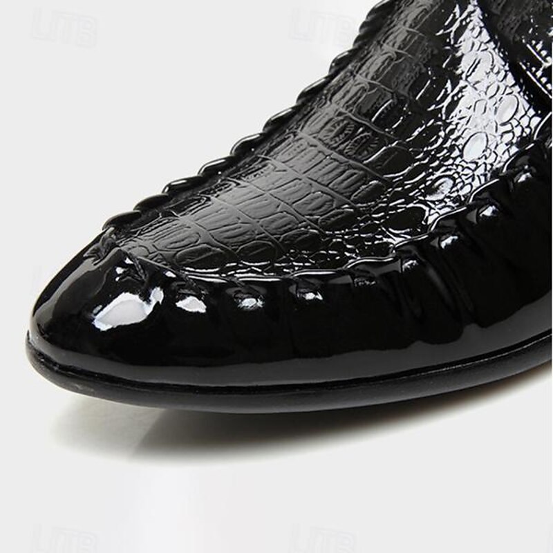 Men's Black Patent Faux Leather Dress Shoes - Crocodile Pattern Lace-Up Oxford Shoes for Formal Business, Weddings & Evening Events2