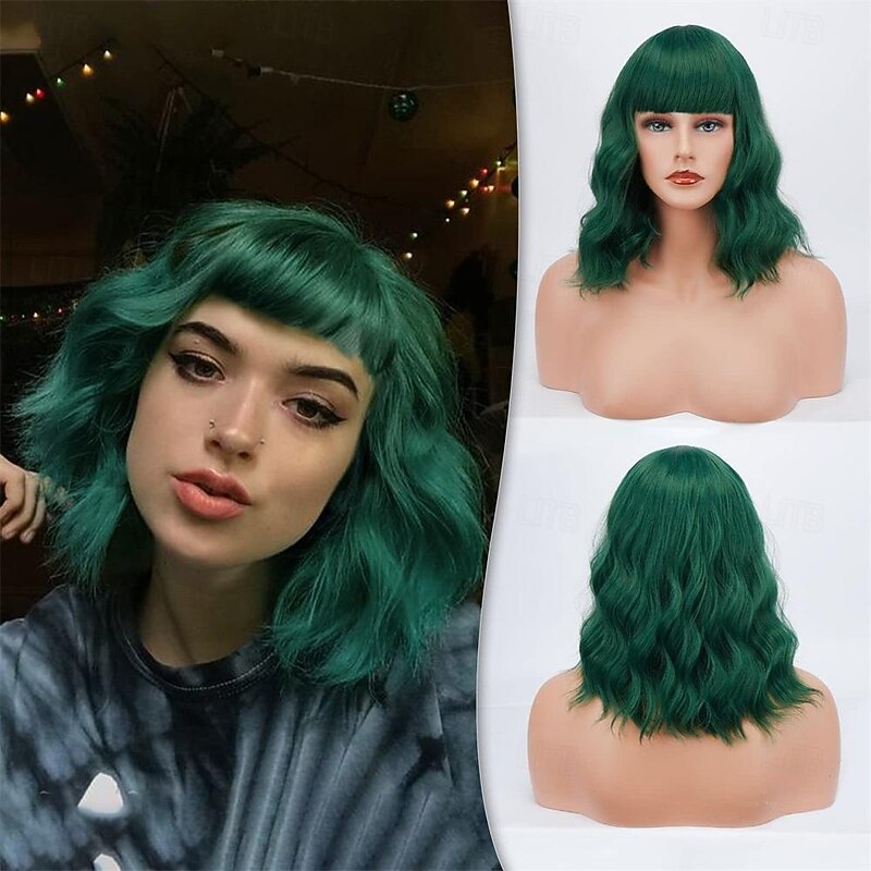 Short Wavy Bob Wig With Bangs 14'' Short Green Bob Wig Pastel Curly Wavy Synthetic Shoulder Length Cosplay Wigs With Free Wig Cap For Women Girls Daily Halloween Colorful Wig St.Patrick's Day Wigs