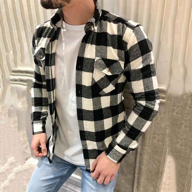 Men's Casual Shirt Button Up Shirt Overshirt Checked Shirts Red Dark Blue Beige Long Sleeve Plaid Lapel Vacation Hawaiian Pocket Clothing Apparel Polyester Fashion Casual Comfortable4