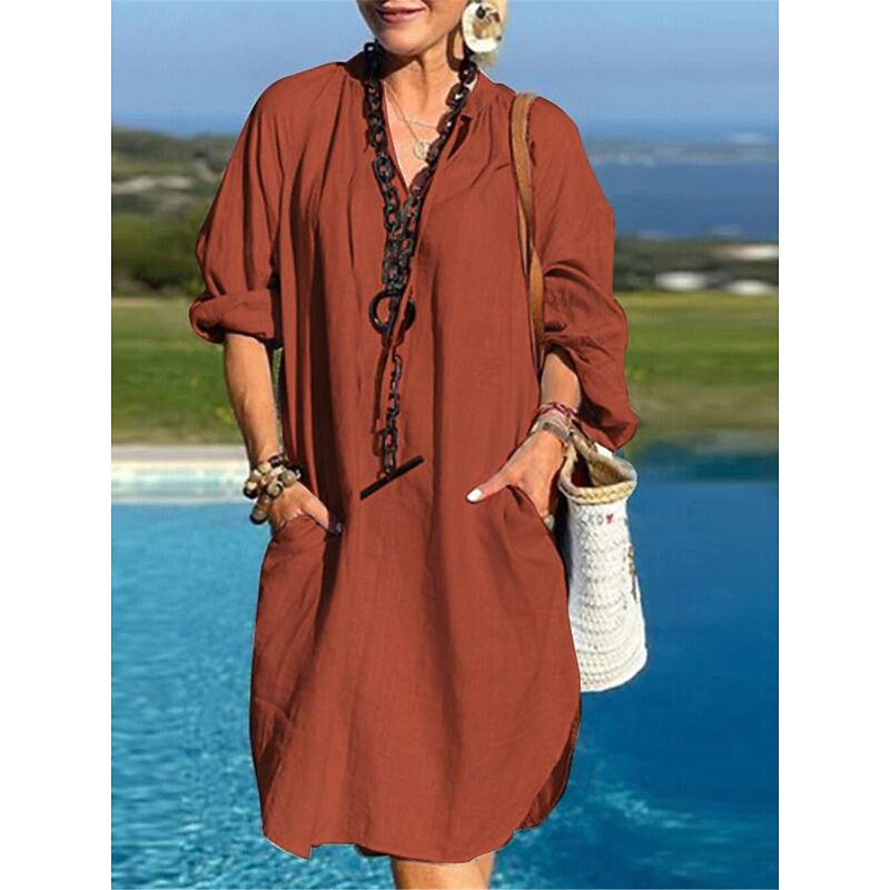 Women's Black Blue Brown Summer Spring Mini Dress Cotton Linen Dresses Shirt Dress Casual Dress Basic Modern Daily Weekend Loose Fit Plain Split Neck4