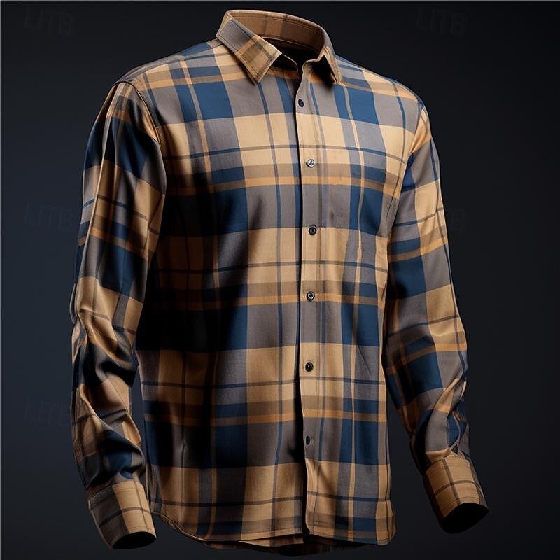 Men's Plaid / Check Geometric Pattern Shirt Button Up Shirt Long Sleeve Business Business Casual Daily Wear Going out Spring Turndown Print Button-Down Blue Orange Green Khaki2