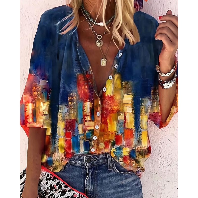 Women's Shirt Blouse White Navy Blue Rainbow Graphic Floral Print Long Sleeve Casual Daily Vintage Tropical Shirt Collar Regular Floral S2