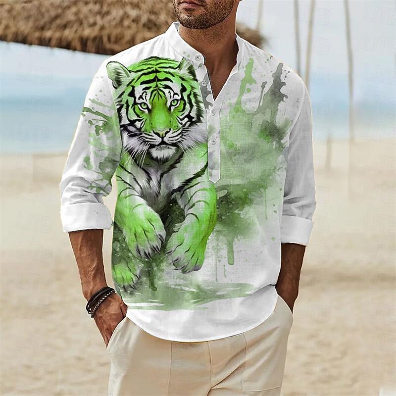 Men's Animal Tiger Shirt Linen Shirt Button Up Shirt Long Sleeve Hawaiian Casual Vacation Daily Wear Going out Spring &  Fall Stand Collar Buttons Print Blue Purple Orange Green3