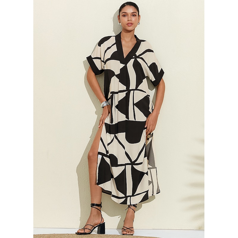 Women's White Short Sleeve Geometric Black and White Geometrical V Neck Loose Fit Double Slit Spring & Summer Spring and Summer Geometric Pattern Comfortable Loose Vacation S M L2