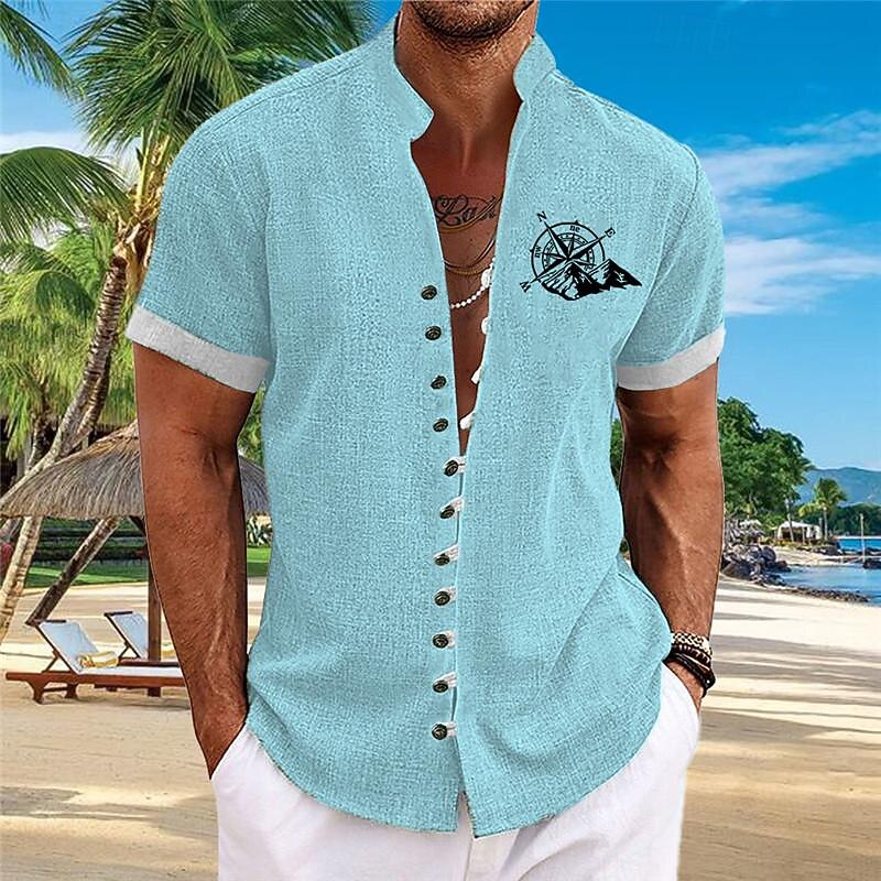 Men's Compass Summer Hawaiian Shirt Aloha Shirt Printed Shirts Short Sleeves Shirt Standing Collar Hawaiian Resort Vacation Daily Wear Beach Pink Blue Khaki S M L4