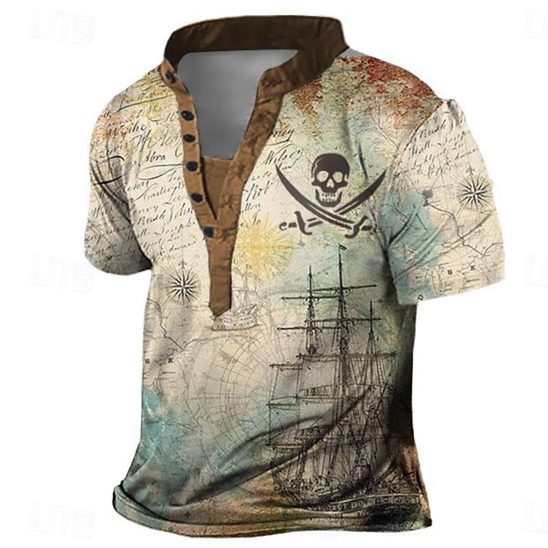 Men's Skull Ship Pirate Henley Shirt 3D Print Fashion Retro Vintage Casual Vacation Street Daily Spring & Summer Blue Green Khaki Gray Henley Henley T-Shirt