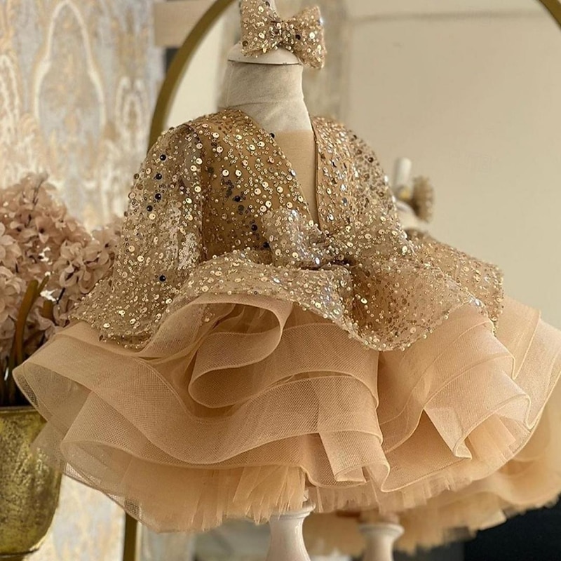 Kids Girls' Party Dress Solid Color 3/4 Length Sleeve Performance Wedding Mesh Princess Sweet Mesh Mid-Calf Sheath Dress Tulle Dress Flower Girl's Dress Summer Spring Fall 2-12 Years Camel