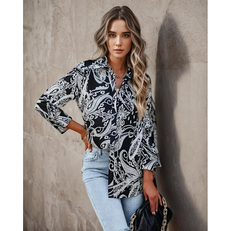 Women's Shirt Long Sleeve Button Down Blouse Fashion Paisley Buttons Print Regular Tops Shirt Collar Casual Black Spring &  Fall4
