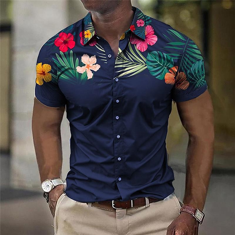 Men's Floral Button Up Shirt Printed Shirts Short Sleeve Business Casual Outdoor Street Wear to work Summer Turndown Print Button-Down Black Burgundy Navy Blue3