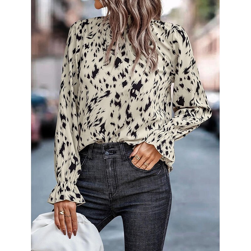 Women's Shirt Blouse Fashion Print Petal Sleeve Long Sleeve Regular Tops High Neck Casual Pink Blue Brown Green Khaki Spring &  Fall3