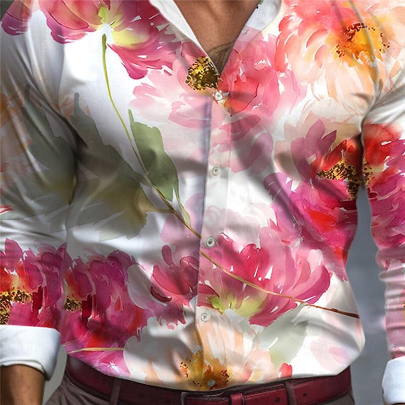 Valentine's Day Men's Rose Floral Shirt Button Up Shirt Long Sleeve Casual Daily Wear Going out Spring Turndown Print Button-Down Pink Blue Purple3